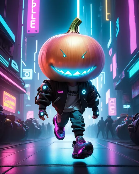 cyberpunk style, cyberpunk style, 3d character, pixar rendering, cyberpunk style, Cipollino is a character from the book The Adv...
