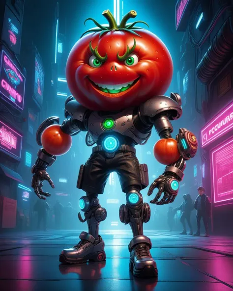 comic book art of  cyberpunk style, 3d character, pixar rendering, cyberpunk style, senor tomato is a character from the book Th...