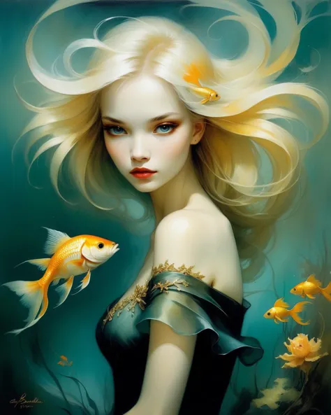 illustration by Anne Bachelier, a girl sasha luss , golden fish, 