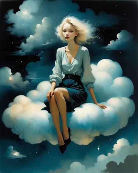 illustration by Anne Bachelier, a girl sasha luss casual dressed , she is sitting on a cloud shaped like a sofa, at night, sky <...