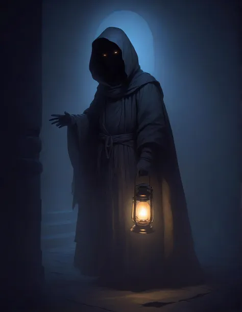 A mysterious figure cloaked in shadows, illuminated only by the soft glow of a lantern.
