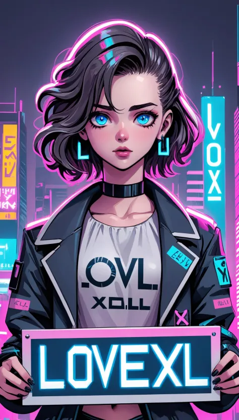Academic Art Cyberpunk vaporwave city A cute woman with intricately detailed blue eyes holding a sign with the words "LoveXL" wr...