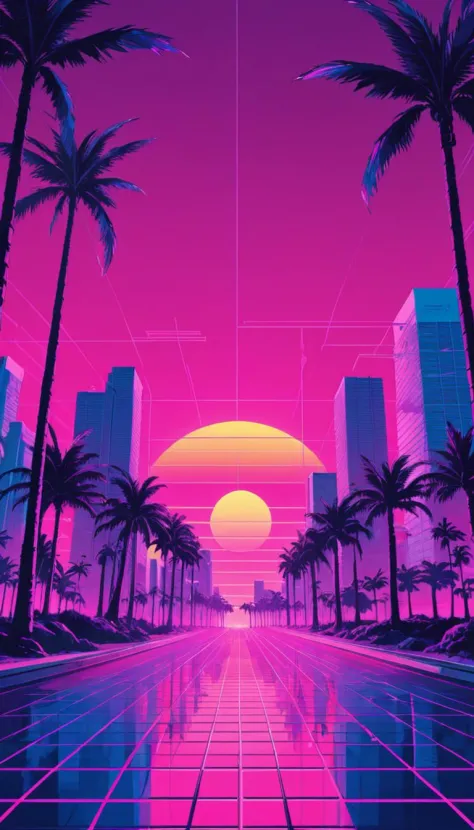 Vaporwave desktop wallpaper the edge of my universe. Grid, magenta, palm trees, sunsets, retro night city