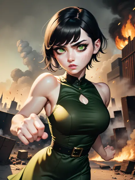 masterpiece, best quality, Buttercup, green dress, short black hair, pretty face, insanely detailed eyes, intense look, fighting pose, destroyed city, distant fires, rising smoke, <lora:Powerpuff:0.7>