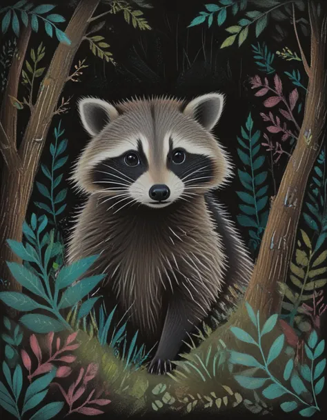 raccoon in a forest <lora:CBS_novuschroma13 style:1.5> novuschroma13 chalk pastels drawing of