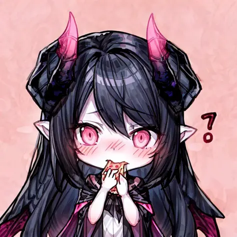 best quality, 1girl, chibi, eating pizza, succubus, horn, cute, black hair, (disappointed:1.2), simple background, looking away, revealing cloth, pink theme, <lora:add_detail:0.8> <lora:Vykas:0.8>