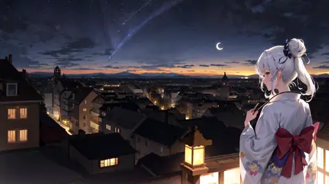 masterpiece, best quality, absurdres, aurora, building, cloud, cloudy sky, constellation, crescent moon, galaxy, gradient sky, hill, horizon, house, light particles, milky way, night, night sky, facing away, from behind, wide shot, 
1girl, solo, white hair, kimono, top knot