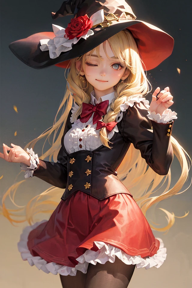 1girl, solo, one eye closed, hat flower, star (symbol), long hair, smile, witch hat, frills, red flower, white bow, long sleeves, blonde hair, single braid, red rose, looking at viewer, black headwear, center frills, bowtie, bangs, closed mouth, hands up,