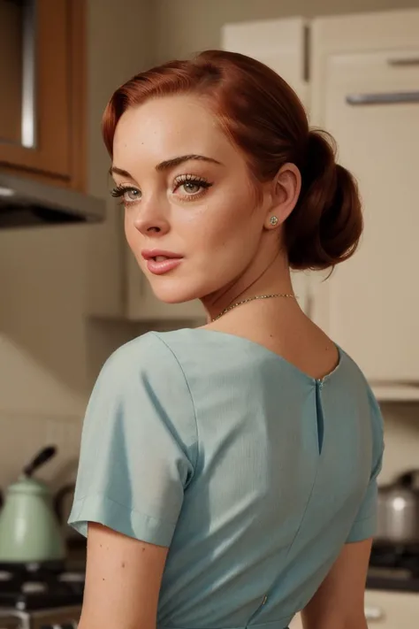 a woman in a blue dress standing in a kitchen next to a stove