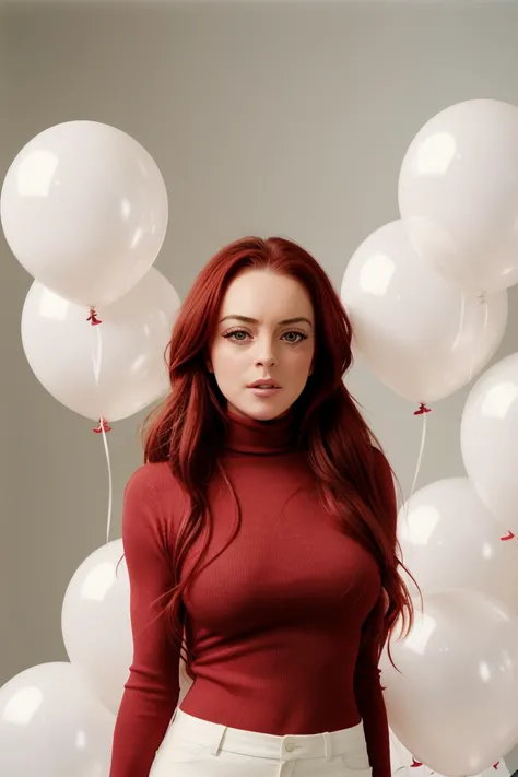 a close up of a woman with red hair and a red turtle neck