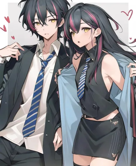 8kï¼ultra-detailed, illustration, (beautiful detailed eyes), beautiful, amazing, mature male, detailed eyes, (((masterpiece)))<lora:YYY-000014:0.9>,necktie, heart, black hair, striped, multicolored hair, long hair, 1boy, 1girl, striped necktie, jacket, diagonal stripes, streaked hair, yellow eyes, suit,contemporary, flat black clothes,