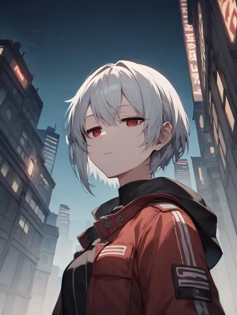 a anime character with white hair and red eyes standing in a city