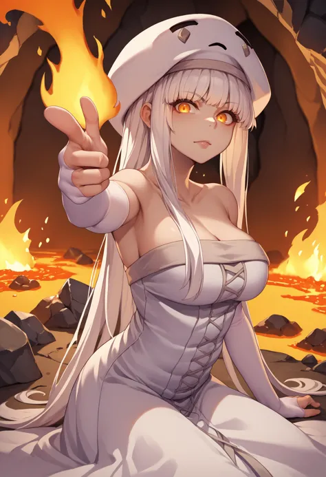 anime girl in white dress sitting on rocks with fire in background