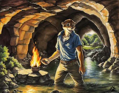 painting of a man standing in a cave with a fire