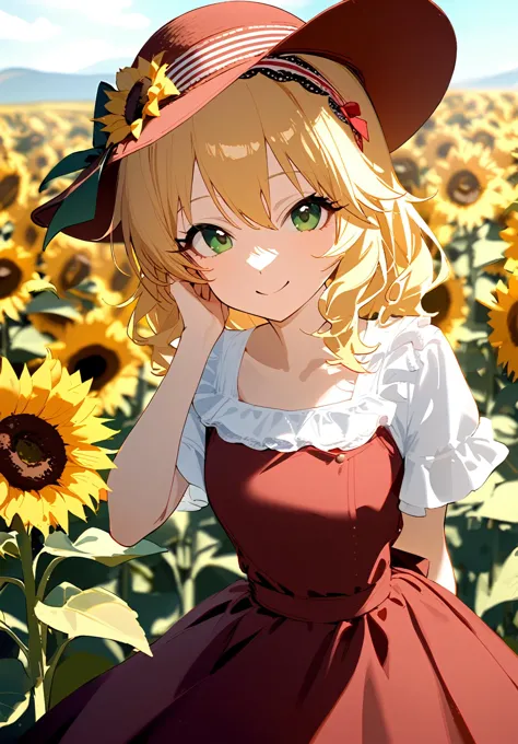 1girl, 
sakurai momoka, idolmaster, 
outdoors, sunflower, shirt, short hair, white shirt, hand on own face, wavy hair, flower, solo, hat flower, short sleeves, hand on own cheek, blonde hair, flower field, field, day, dress, green eyes, red dress, smile, arm behind back, hat, frills, hairband, standing, looking at viewer, sun hat, blouse, collarbone, cowboy shot, frilled dress, red hairband, sunflower field, long hair, 
masterpiece, newest, absurdres, safe
 <lora:2080ti_ag31_sakurai_momoka-000018:1> <lora:a31_style_koni:1>