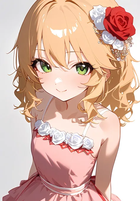 1girl, 
sakurai momoka, idolmaster, 
blush, sleeveless, solo, long hair, dress, red rose, bare shoulders, wavy hair, red flower,...