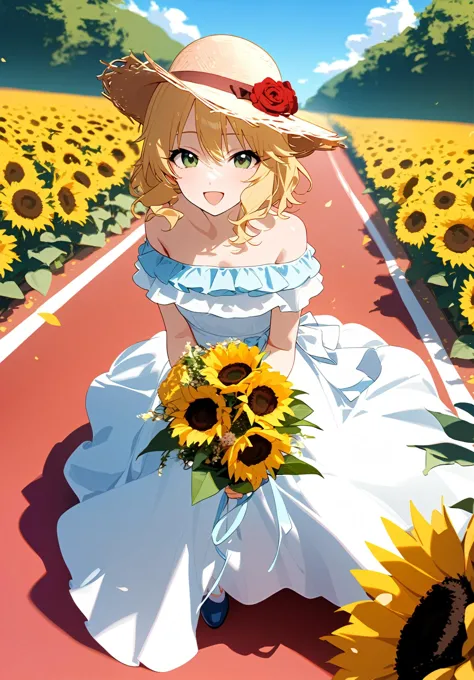 1girl, 
sakurai momoka, idolmaster, 
flower, blue sky, blonde hair, sunflower, smile, field, bare shoulders, off-shoulder dress, outdoors, open mouth, wavy hair, frills, green eyes, rose, hat, looking at viewer, short hair, sky, frilled dress, holding bouquet, holding, petals, white dress, off shoulder, dress, bouquet, long dress, straw hat, red carpet, flower field, cloud, solo, 
masterpiece, newest, absurdres, safe
 <lora:2080ti_ag31_sakurai_momoka-000018:1> <lora:a31_style_koni:1>