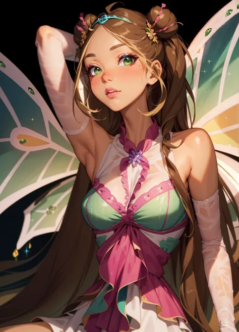 ((masterpiece)), (best quality), official art, extremely detailed CG, unity 8k wallpaper, ultra detailed, highly detailed, detailed background, vivid color, photorealistic, perfect lighting, best illumination, 32k,
S030_EkaterinaShiryaeva,(Flora:1.5), dress, pink and green fairy wings, sparkling clothing, brown hair, green eyes, long hair, gloves, gems, glitter), right hand behind her head, looking at viewer
white background, plain background, solid color background, knee-up-shot,
neon lighting, dark romantic lighting, gradients, dynamic pose,
<lora:WinxClubEnchantixFlora-10:0.8> ,  prettify, OverallDetail,  prettyeyes,  SkinDetail, fFaceDetail