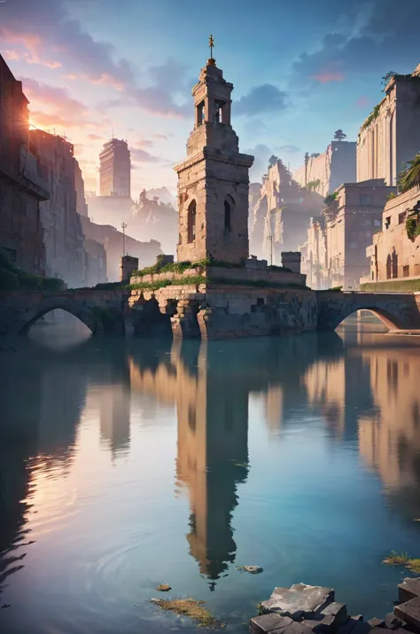 arafed view of a bridge over a river with a clock tower