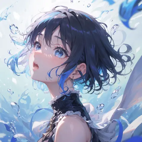 vvi\(artstyle\),1girl,solo,black hair,portrait,underwater,blue eyes,air bubble,short hair,blue hair,parted lips,blue theme,looki...