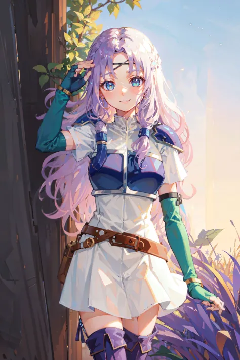 1girl, armor, aurora, belt, breastplate, circlet, cowboy_shot, dress, fingerless_gloves, fireflies, gloves, green_eyes, light_particles, long_hair, looking_at_viewer, milky_way, night, night_sky, outdoors, purple_hair, shooting_star, shoulder_armor, sky, smile, solo, standing, star_\(sky\), starry_sky, thighhighs