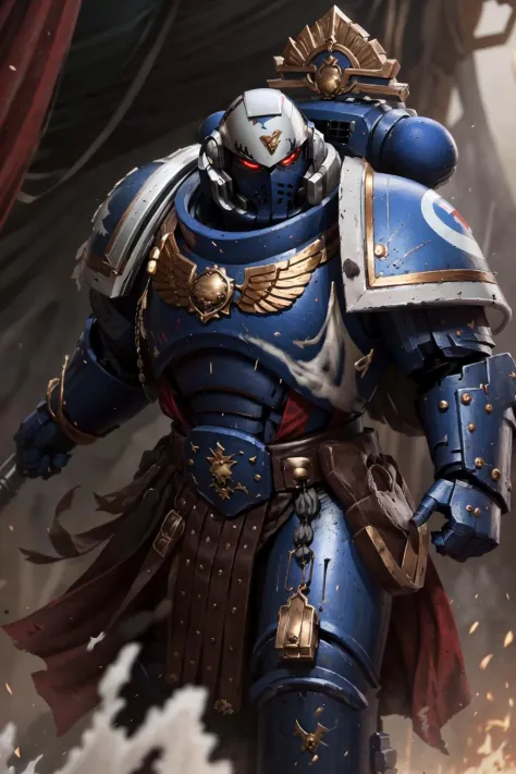 mature adult, illustration, of ultramarine, primaris, power armor, full armor, full metal armor, wearing intricate ornamented metal armor,   helmet,  glowing red eyes,
solo, (male:1.2), epic, full metal armor, captain armor, white pelvic curtain, bronze trimmings, tall stature, muscular, victirix helmet, 
((upper body:1.3)) focus, close-up,
