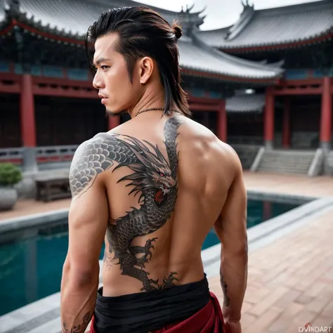 a close up of a man with a tattoo on his back, trending on cgsociety art, akira from chinese mythology, devinart, from kenshin, fullbody commission for, dramatic backgroung, hyperrealisticâ, dragon! man, photo - real, trending on artstaton, dramatic lightin, asian descent, style of aenami alena, jesse mccree