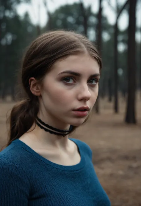 cinematic film still dystopian style gothic style arafed woman with a choker and a blue shirt, alexa grace, natural light outside, casting, srgb, wearing casual sweater, brown medium length hair, taken with the best dlsr camera, bottom viewa, highly realisticâ . dark, mysterious, haunting, dramatic, ornate, detailed . bleak, post-apocalyptic, somber, dramatic, highly detailed, shallow depth of field, vignette, highly detailed, high budget Hollywood film, bokeh, cinemascope, moody, epic, gorgeous, film grain