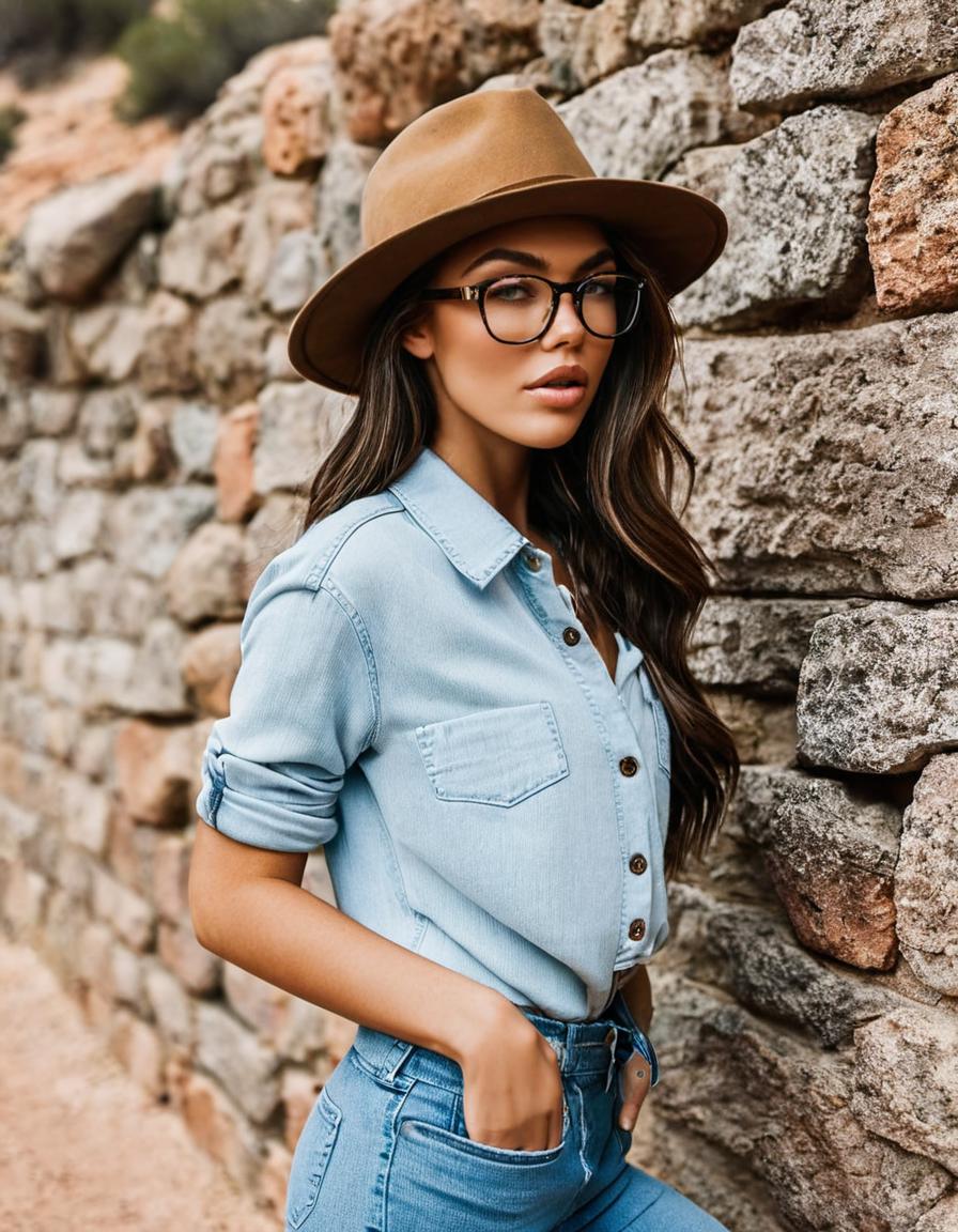 A woman wearing glasses and a hat leaning against a stone wall - SeaArt AI