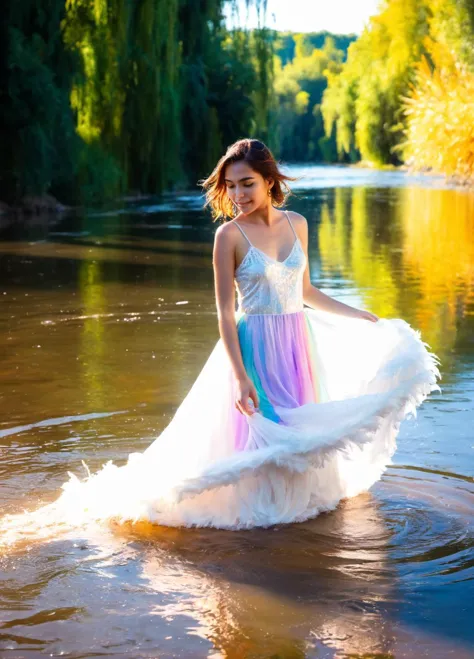 1girl, 1girl, (masterpiece:1.2), best quality, multicolored, masterpiece, best quality,((an extremely delicate and beautiful)), floating, (detailed wet clothes), (detailed light), feather, nature, (sunlight), river, floating palace, beautiful and delicate water, (bloom), (shine), colorful, panorama, landscape, Colorful portraits, dynamic lighting