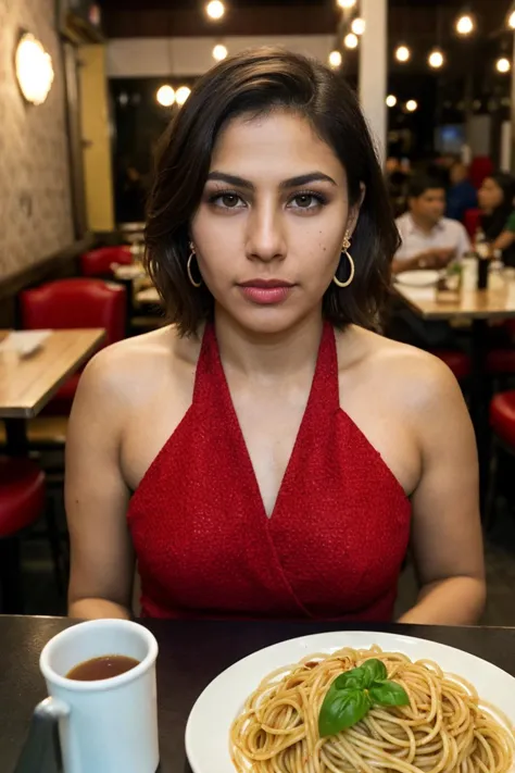 mexican, restaurant, pasta, 1boy,  shorthair, food, spaghetti, looking at viewer, pov across table, plate, solo focus, brown hair, mole under mouth, noodles, realistic, sitting, fork, lips, real world location, brown eyes, earrings, jewelry, photo background, cup, chair, RAW candid cinema, 16mm, color graded portra 400 film, remarkable color, ultra realistic, textured skin, remarkable detailed pupils, realistic dull skin noise, visible skin detail, skin fuzz, dry skin, shot with cinematic camera