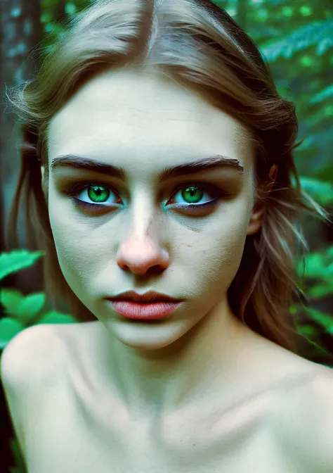 in the forest, 1girl, ((medium body shot)), green eyes, realistic, leaning forward, RAW candid cinema, 16mm, color graded portra...