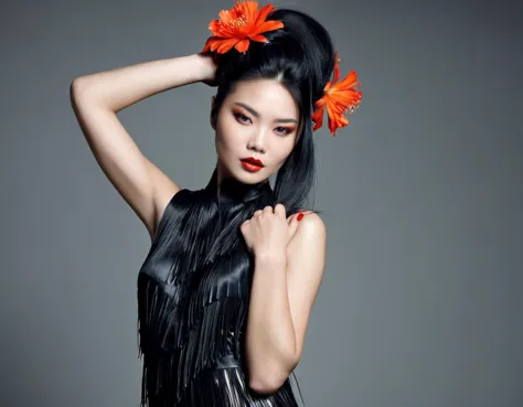 arafed woman in a red dress with a red flower in her hair, jingna zhang, black nails, dark grey and orange colours, side fringe haircut, high fashion themed, symmetrical hands, slicked black hair, skye meaker, laquer and steel, with a dark fringe, high end fashion, james mcdermott, portrait featured on unsplash, warwick saint
 <lora:FashionPhotographyXL:0.8> fp1