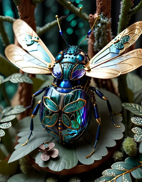 a close up of a blue bug with gold wings on a leaf