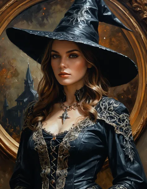 oil painting of young witch woman, perfect face, high detailed provoking clothes, dramatic, extremely detailed, intricate, elega...
