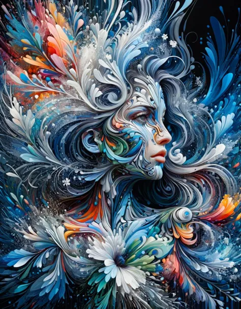 a stunning art, abstract, flowery, predominantly blue, white, upper body, centered, key visual, intricate, highly detailed, brea...