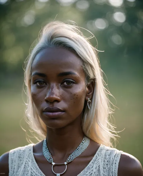 Stunning analogue photo of a beautiful woman in the thirties years old ethiopia, skin color ebony to dark ebony woman, Oval Face, Monolid Eyes, [eye color blue], long nose, protruding upper lip, round cheeks, crooked chin, full body portrait, perfect face, absolute beauty, natural raven platinum blonde, freckles and moles all over body, realistic freckles, in fencing competition, fencing, early morning, soft natural early morning light,, ((provocative)), wet skin, pelvic bone, collar bone, wet hair, looking up,
((swirling wind)), ((bokeh)),
((light passing through hair)), 
(((light play))), (((shadow play))), ((glamour photography)), ((diffused lighting)),((8k, best quality, masterpiece:1.3)), ((Rule of thirds)), SkinHairDetail, epiCPhoto