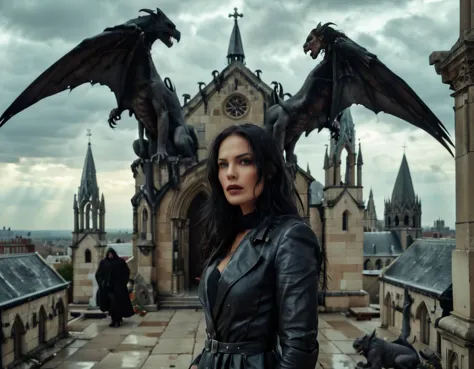 a woman at the center of a photo, medium shot, 35 years old, long black hair, at the stone marquee on a rooftop of a gothic chur...