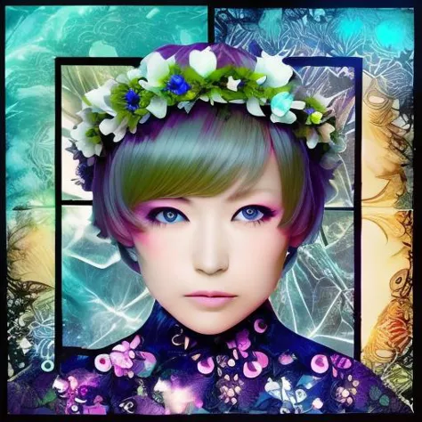 Collage style 1girl, sheena ringo, flower crown, beautiful icy blue eyes, moonlight gardens, dark shadows, glowing in the dark, ...