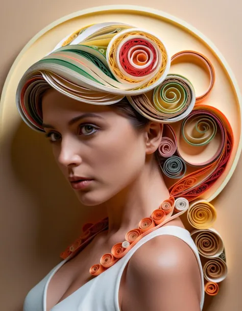 professional photo, paper quilling art of Italian Woman, looking away from camera, intricate, delicate, curling, rolling, shapin...