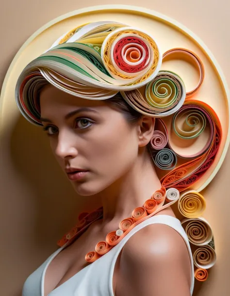 professional photo, paper quilling art of Italian Woman, looking away from camera, intricate, delicate, curling, rolling, shaping, coiling, loops, ornamental, highly complex, very coherent, lush, dynamic dramatic composition, detailed, glowing, cute, artistic background