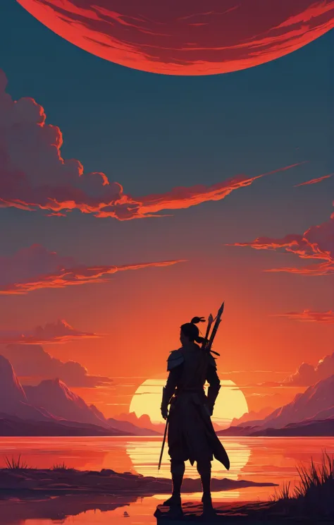 Whimsical and Playful, Lo-Fi aesthetic, a lone warrior silhouetted against a blood-red sunset, vivid colors, stunning detailed b...