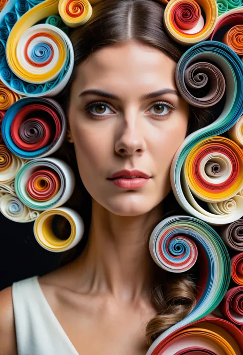 professional photo, paper quilling art of Italian Woman, looking away from camera, intricate, delicate, curling, rolling, shapin...