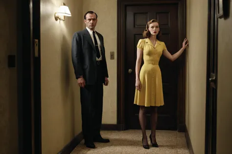 Cinematic shot, 1940's style,  photo by Erwin Olaf, Stanley Kubrick style,  a woman wearing a yellow dress and a yellow loom, br...