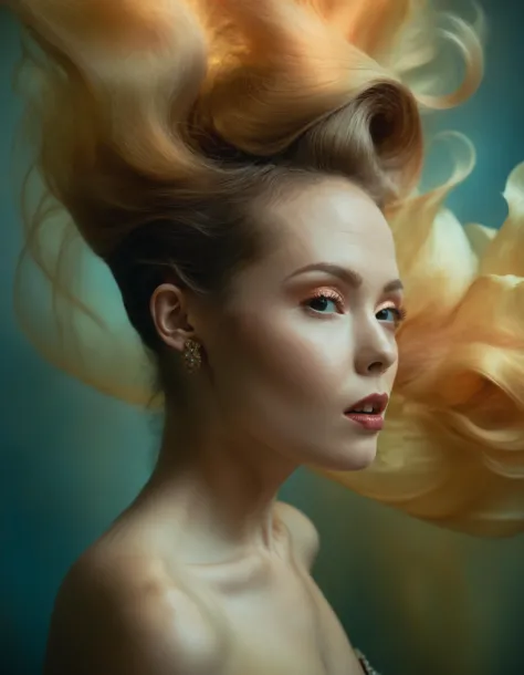 designed by Peter Gric, Marco Mazzoni, Neil Blevins, Kim Keever, Victo Ngai and James Jean, professional photo of a beautiful woman, she has Pompadour hair, Ilford XP2 400, L USM, beautiful composition, complex, cinematic light, dynamic composition, highly color focused, rich vivid colors