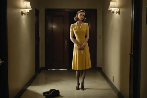 Cinematic shot, 1940's style,  photo by Erwin Olaf, Stanley Kubrick style, dramatic lighting, complex narratives, stillness,  a woman wearing a yellow dress and a yellow loom, brown hair, wearing a brown pantyhose, leaning back on a wall, next to a door, while another man is waiting on a corridor on the another side of the hotel corridor, crime scene, police, detective, American Dream style, suspense, grief,