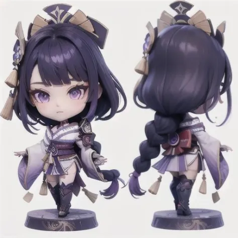 doll, raiden shogun, 1girl, long hair, japanese clothes, purple eyes, kimono, hair ornament, braid, sash, thighhighs, purple hair, chibi, obi, bangs, breasts, white background, armor, simple background, mole, looking at viewer, wide sleeves, front and back, shoulder armor, mole under eye, long sleeves, obiage, obijime, multiple views, very long hair, blunt bangs, standing, petals, closed mouth, purple kimono, gloves, bridal gauntlets, black gloves, faux figurine, single braid, full body, vision \(genshin impact\), blush, tassel, from behind, braided ponytail, ribbon, base, tomoe \(symbol\), mitsudomoe \(shape\), makeup 