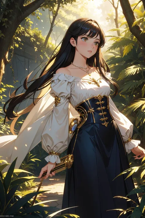 1girl, (art by Tony Northrup:0.8) , surrealism art, grand Anime, elegant, two shot angle of a ([Labrador Retriever|Necklace]:1.3) , the Necklace is very Baroque and Avant-Garde, Glittering roots in background, dense vegetation with Forest, Bathed in shadows, deep focus, Visual novel, Light, Cartooncore, cinematic lighting, Depth of field 270mm, Ambrotype, sfumato, Movie concept art, Best quality, Concept Art World