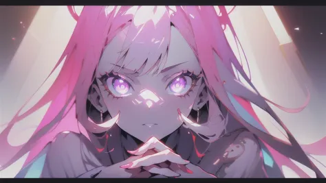 anime girl with pink hair and blue eyes staring at the camera