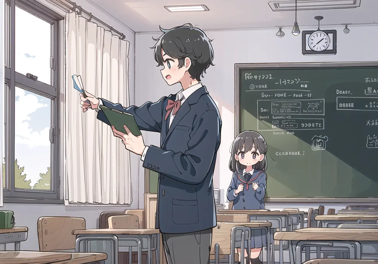 (1boy and 1girl1.1),classroom, blackboard, classmates, podium, depth